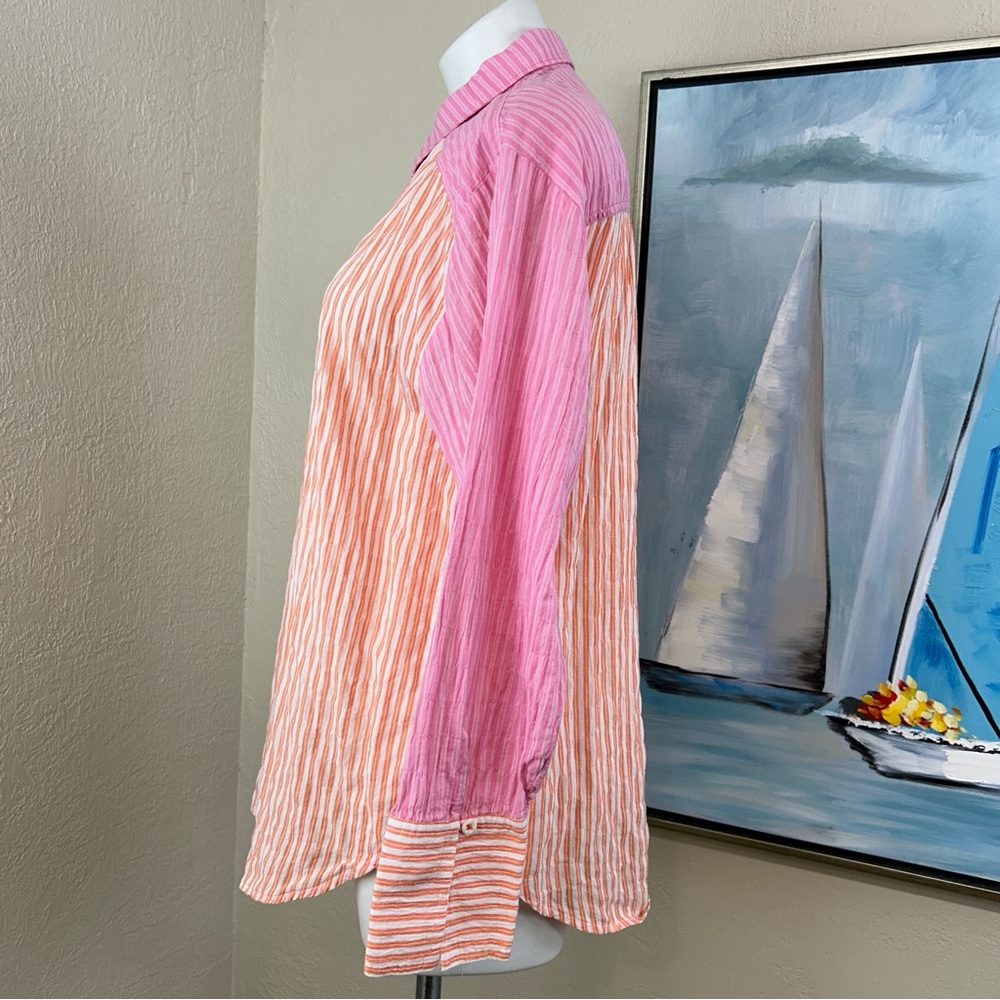 Anthropologie Maeve Button-Front Shirt Pink Orange Striped size med - Picture 4 of 10